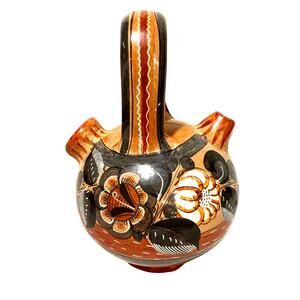 Pottery jug top handle two spout vessel hand painted animals flowers terra cotta